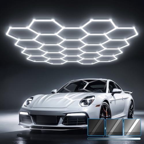 HYPERLITE Gen II Hexagon Garage Light, Upgraded 3 Level Dimmable 581W 58100LM Super Bright Garage Detailing Lights, 22 Grids Hexagon Shop Lights, Hex LED Lights for Basement, Gym, Barber