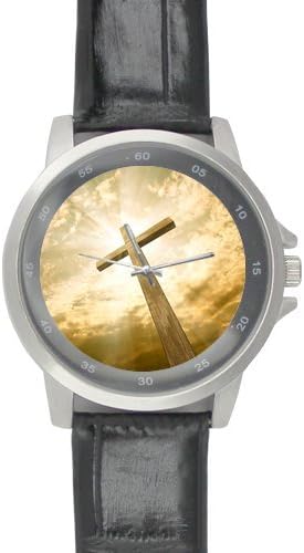 Special Design Renaissance Collection, Christian Religious Gift Prayer, Praying Hands Custom Unisex Stainless Steel Leather Strap Watch Metal Case, Tempered Glass, Black Leather Band