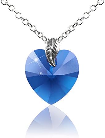 Toko Jewelry Simulated 12 Months Heart Crystal Birthstone Necklace w/Elegant Leaf | Dainty &amp; Minimal (Blue/Simulated Sapphire/September)
