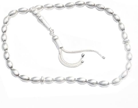 Ridged Sterling Silver Prayer Beads - 33 Elongated Oval Beads with 2 Dividers and Decorative Tassel