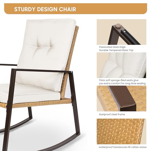 YIYAN 3 Pieces Patio Bistro Set Outdoor Rattan Wicker Rocking Chairs Set,Patio Outdoor Furniture Conversation Sets with Sofa Chairs,Glass Coffee Table and Washable Cushion (Light Beige)