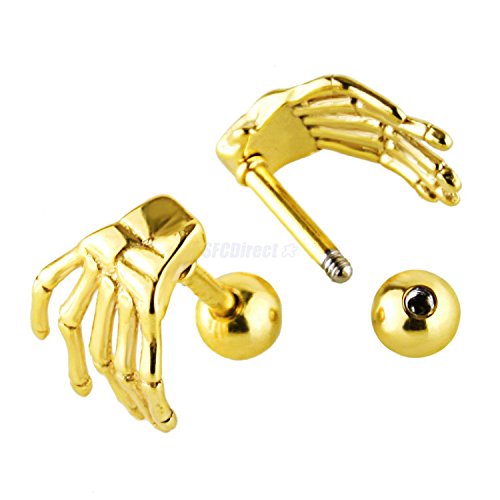 Gold Stainless Steel Punk Rock Skeleton Bone Claw Stud Earrings for Men
