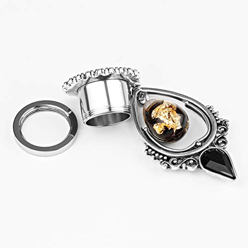 TBOSEN Stainless Steel Teardrop Black Obsidian Stone Large Dangle Bridal Plug Ear Gauges Stretching Tapers Screw Fit Tunnels