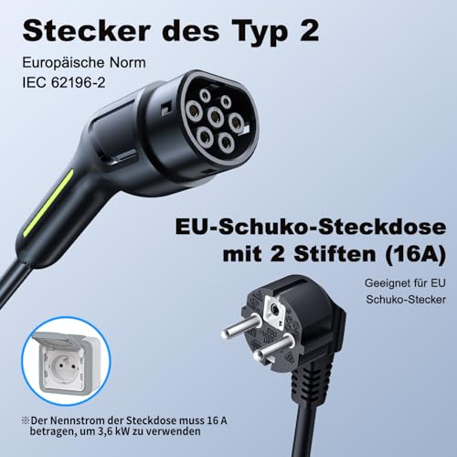 VDLPOWEREU Charging Cable Type 2, 3.6 kW / 5 m Charging Cable for Electric Car, 6A-16A Portable EV Charger, with Single-Phase EU Schuko, IP65, European Standard IEC 62196-2