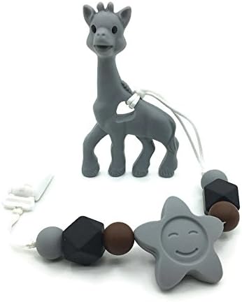 Silicone Beads Giraffe Teether Clip, Baby Teether Pacifier Giraffe, Silicone Teething Pacifier Necklace Hanging Toy ,Premium BPA-free 100% Food Grade Nursing Rainbow Beads Giraffe (Grey)