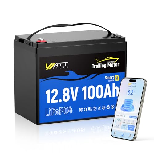 WattCycle 12V 100Ah Trolling Motor Lithium Battery with Bluetooth, IP67 Waterproof Marine LiFePO4, 120A BMS (1536W), Group 24 Drop-in Replacement, 23lbs Deep Cycle Power for Boat, Kayak, Fish Finde