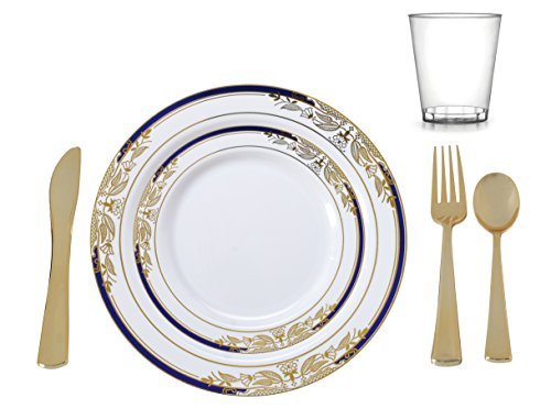 Plastic China Plate Silverware Combo Serving for 20 (135 piece set) Signature Blue