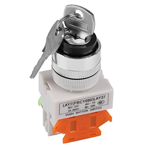 Key Switch 2 Position Key Operated Rotary Switch Mount Key Lock Rotary Select Selector 22mm with Strong Insulation Performance