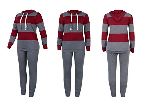 Women 2 Piece Sport Outfit Set Striped Long Sleeve Hoodie Sweatshirt Bodycon Pants Tracksuits Grey