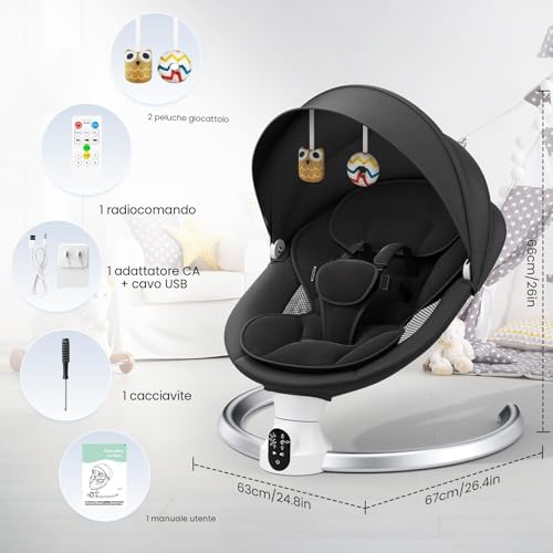 Ixdregan Electric Baby Bouncer – App and Remote Control Electric Baby Rocking Chair with 3 Timers, 5 Swing Speed, 10 Music, Baby Bouncer, Bluetooth Soft Padded Baby (App Black)