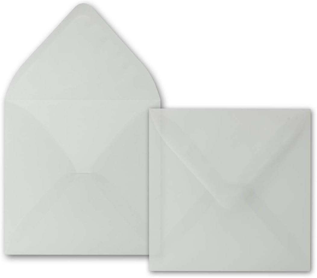 Transparent envelopes, pack of 50, square envelopes 16 x 16 cm, strong quality, 92 g/m², wet adhesive, without window.