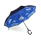 iTrunk Double Layer Reverse Folding Umbrella With C-Shaped Hands free Handle - UV Protection Windproof Waterproof for Outdoor and Car Use Blue Sky