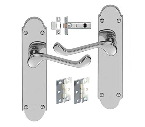 HANDLESTORE Shaped Scroll Door Handle Pack โ Polished Chrome Lever on Backplate with 2.5" Tubular Latch & 3" Hinges
