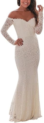 Leindr Women's Off Shoulder V Neck Lace Floor Length Evening Party Dress Long Sleeve Crochet Mermaid Maxi Dress White M 8 10