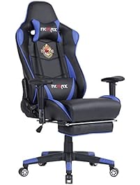 Ficmax Swivel Gaming Chair Ergonomic Racing Style PU Leather Office Chair with Lumbar Massage Support and Retractable Footrest (Blue/Black)