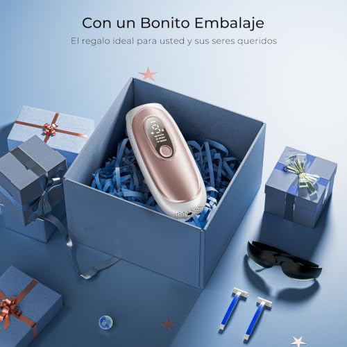 Depiladora Laser con Tecnología de Refrigeración con Zafiro, Depiladora Luz Pulsada Flashes Ilimitados, 2 Modos, 9 Niveles de Intensidad para Bikini, Axilas, Cara, Cuerpo, Mujeres y Hombres, Rosa