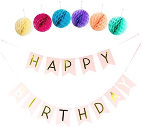 JoyAcc 2.5M Happy Birthday Banner with 6 Colorful 8 Inch Tissue Poms, Perfect Birthday Decoration and Party Supplies - Pink & Gold Letter