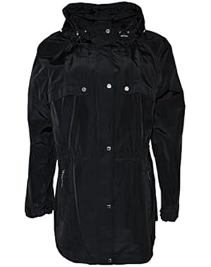 Women's Hooded Drawstring Waist Anorak Jacket, Black XL