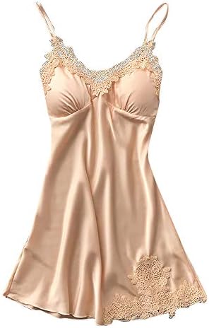 Women's Satin Lingerie Floral Embroidery Babydoll Sleepwear Lace Chemise Soft Nightgown Robe