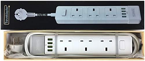 Travel Adapter IBIZA Power Plug Strip Multi Safe Extension Lead 7 Inputs Ultra Compact Cord for International Vacation 2 Pin Grounded Type F plug 3 type G Sockets 4 USB Ports 1.5 m White