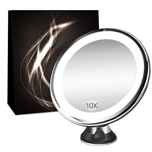 BESTOPE Makeup Mirror 10x Magnifying 16 Led Vanity Mirror with 360°Rotation Locking Suction, Battery Operated, Cordless Portable Natural Dimmable Bathroom Mirror