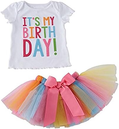 SmileWoman Baby Girls' Birthday T-shirt Rainbow Tutu Set, T-shirt, Tutu Dress Pack of 2 for 1-7 Years Toddler Girls