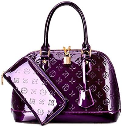 Fashion Patent Leather Handbag Glossy Shell Bag Shoulder Diagonal Bag Female Bag Retro Printing Mummy Bag Two-Piece (Purple, 31 * 22 * 15cm)