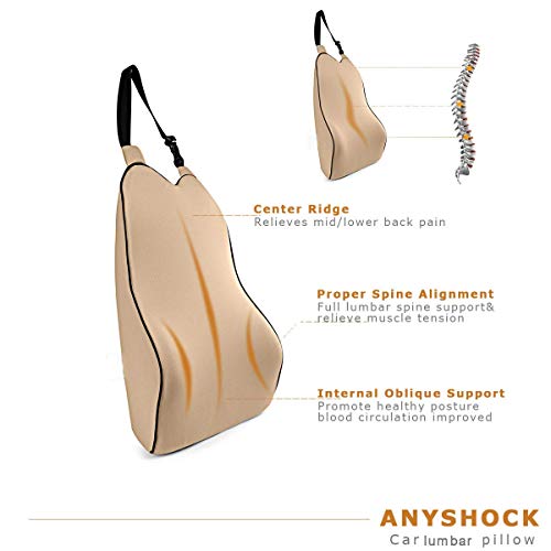 Anyshock Lumbar Support Pillow Memory Foam Back Support Cushion Ergonomic Adjust Sitting Position Relief Pain of Back Designed for Car Office, 1 pcs (Beige)