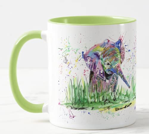 Vixar Elephant Watercolour Rainbow Art Coloured Mug Cup, Gift, Birthday, Work, Office, Christmas Tea Coffee (L Green)