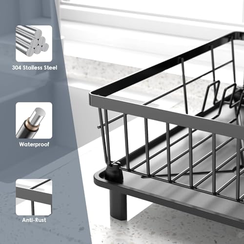 Dish Drying Rack, Space-Saving Dish Rack for Kitchen Counter, Stainless Steel Dish Rack with Cutlery Holder, Removable Dish Drainer, Drainboard and Adjustable Spout for Various Kitchenware,15x11x6.7''