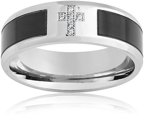 Engagement Ring for Men Stainless Steal Cross Faith Cubic Zirconia Black (12)