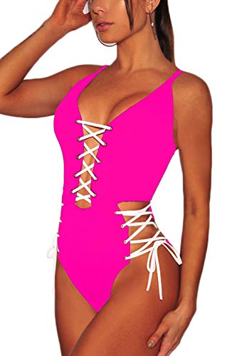 Almaree Woman Deep V Neck Criss Cross High Waist Bathing Suit 1 Piece Bikini Rosy S - Thumbnail 2