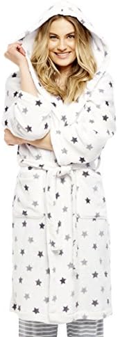 Be Yourself Women's Ultra Soft Fleece Robe With Hood, White Grey Stars, Medium