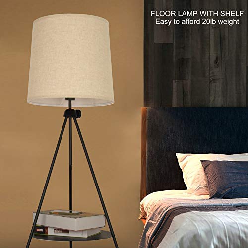 LUSTORM 1 Tripod Floor Lamp Black with Shelves Beige Linen Lampshade