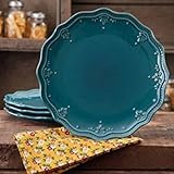 The Pioneer Woman Farmhouse Lace Dinner Plate Set (ocean teal/Plate Set, 4-Pack)