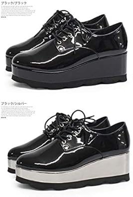 Amazon レースアップシューズ 厚底 黒 エナメル シルバー オックスフォードシューズ レディース 靴 レースアップ 編上げ マニッシュシューズ ローカット ノーブランド品 レースアップ
