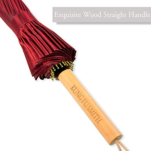 Kung Fu Smith Asian Rain Parasol Umbrella with Wooden Handle - UV Protection Windproof and Ultra Light - Red - Thumbnail 3