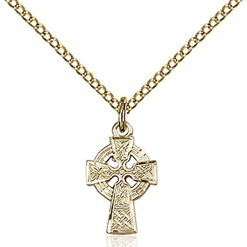 Bonyak Jewelry Gold Filled Celtic Cross Pendant 1/2 x 3/8 inches with Gold Filled Lite Curb Chain