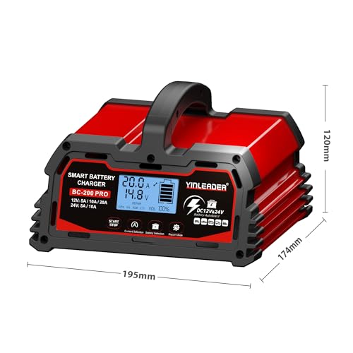 Car Battery Charger 20A 12V/24V 10A Intelligent Automatic with LCD Display for Motorcycle and 12V LiFePO4