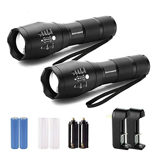 Super Bright LED Flashlight, Binwo 2000 Lumen CREE T6 Flashlights with Adjustable Focus and 5 Light Modes, 2 Rechargeable 18650 Batteries and 2 Chargers Include