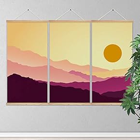 3 Panel Hanging Poster Wooden Framed Sun and Mountain Home Wall Canvas Prints Ready to Hang - 18"x36"x3 Panels