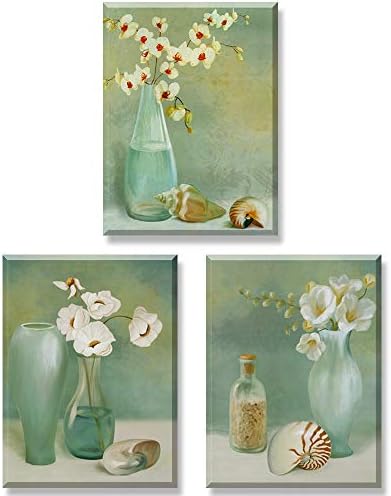 Elegant flowers Wall Art Paintings for Bedroom, 3 Panel Green Flowers in Vase Bottles Picture Canvas Prints Wall Decor Décor Decorative arts for Room Bedroom birthday Gift New year Present
