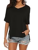 Tobrief Women’s Summer V Neck Short Sleeve Shirts Basic Tee Tops with Side Split