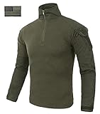 CRYSULLY Mens Summer 1/4 Zip Combat Shirt Rapid Assault Long Sleeve Shirt Airsoft Shirts Battle Shirt,Medium,Army Green