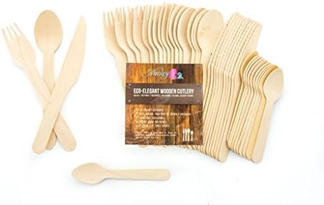 Disposable Wooden Cutlery 350pc Set, 100 Forks, 100 Knives, 100 Spoons, Compostable, Biodegradable, Eco-Friendly utensils. Emergency Supplies. Preparedness. BONUS FREE 50 DESSERT SPOONS! TOTAL 350 CT.