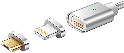Magnetic charger cable 2 in 1 micro USB charging cable lightning charging cable for Samsung galaxy S7, iphone 6,6s,7,plus,8,x, kindle fire tablets Android device Nylon braided LED light (3.3FT/Silver)