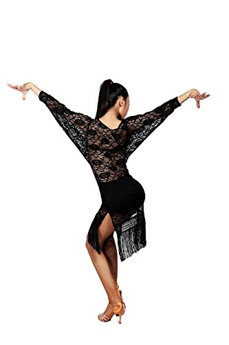G3018 latin dance semitransparent lace and tassels lengthening skirt (medium, black)