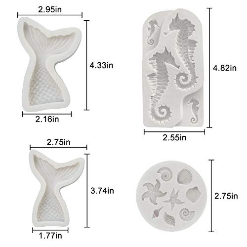 Seashell Mermaid Tail Mold - BEBEEPOO 4 Pack Seahorse Seashell Starfish Mermaid Tail Silicone Mold for Under The Sea Cake Decoration, Chocolate, Candy, Polymer Clay, Cupcake Decor, Sugar Craft, etc.