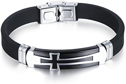 Cross Silicone Sport Wristband Bangle Bracelet Stainless Steel Design, Black / Blue, 7.87 inch
