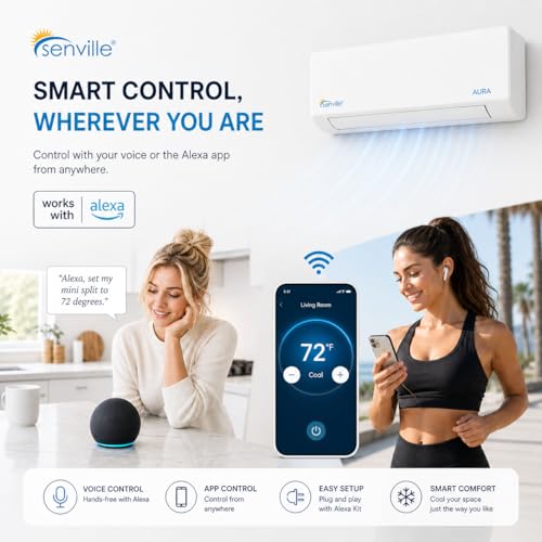 Senville AURA Series Mini Split Air Conditioner Inverter Heat Pump, 15000 BTU, Compatible with Alexa, Energy Star, White